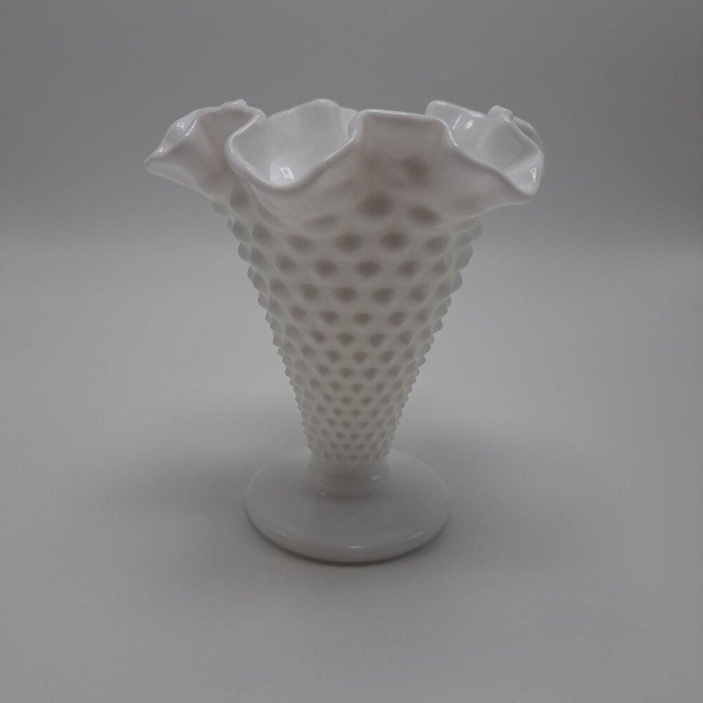 Vintage Fenton White Milk Glass Hobnail Crimped Fluted Vase USA